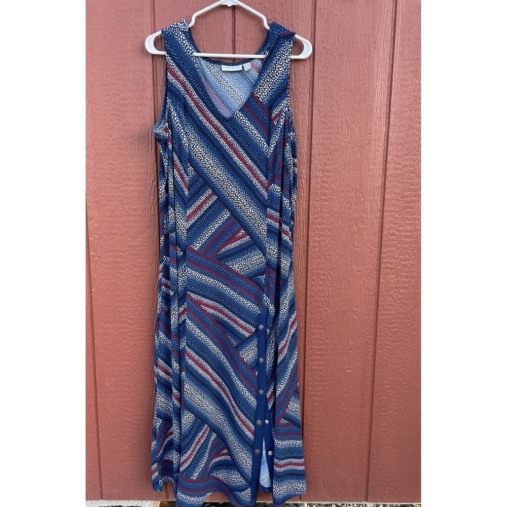 SUSAN GRAVER Navy Blue Red White Dots Print Button Detail Midi Maxi Dress Olathe